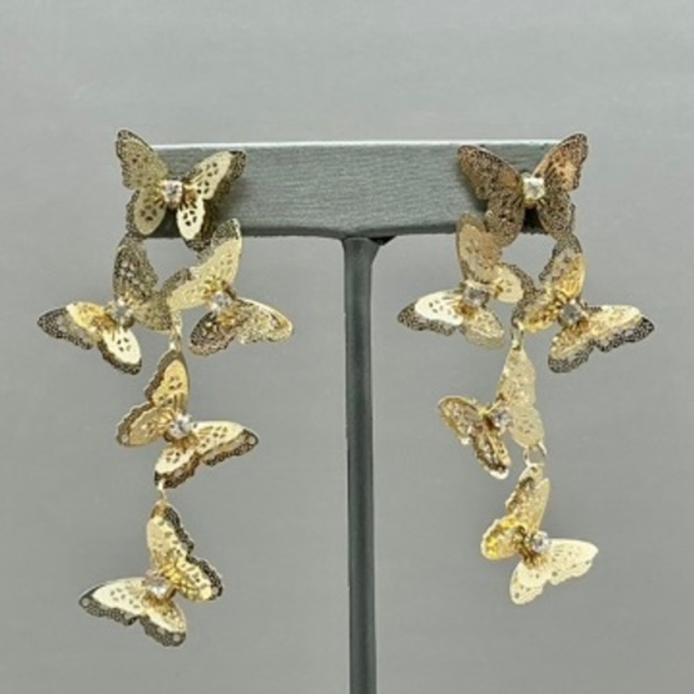 Butterfly Dangle Drop Earrings Women Gold Tone Filigree Rhinestone Statement